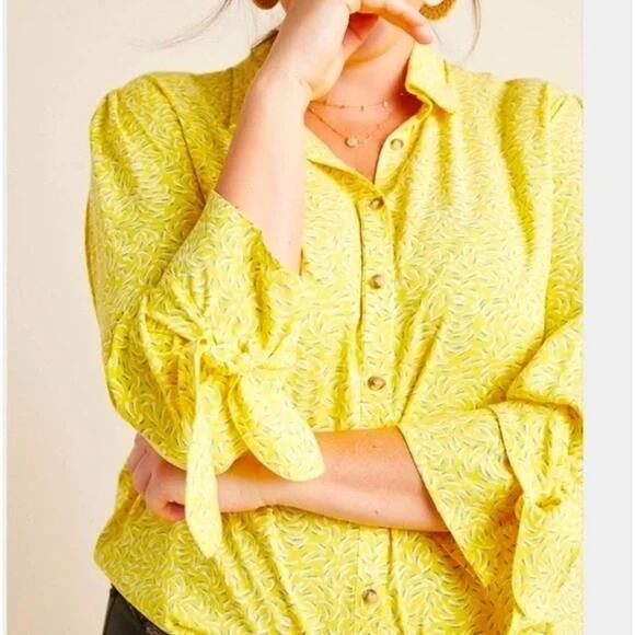 Maeve Anthro 10 Yellow Floral Blouse Tie Sleeve Button Down Top - Picture 2 of 6